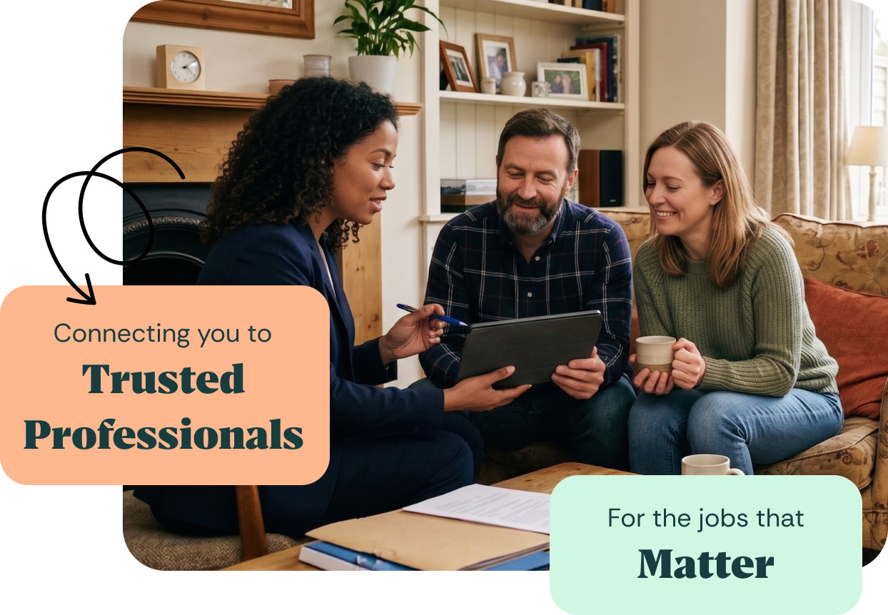 Couple speaking with a professional at home, with messaging about connecting to trusted professionals.