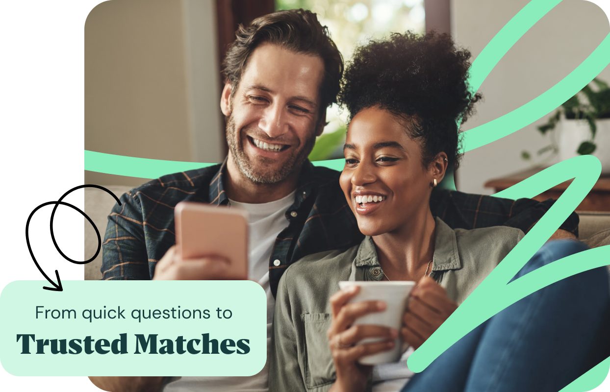 Couple using a phone at home, with messaging about quick questions leading to trusted matches.