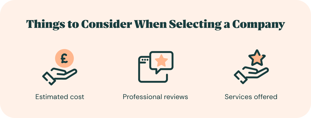 Illustration showing factors to consider when choosing a company, including estimated cost, reviews, and services offered.