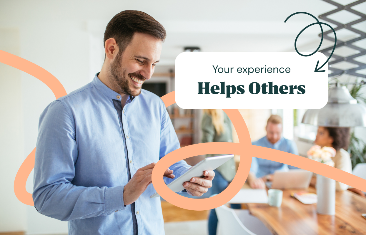 Man using a tablet, with messaging that sharing your Konnect You experience helps others.