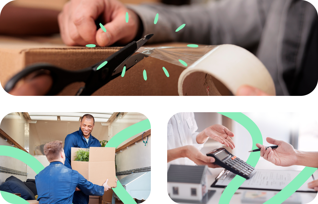 Collage showing packing a moving box, removal professionals loading a van, and a conveyancer.