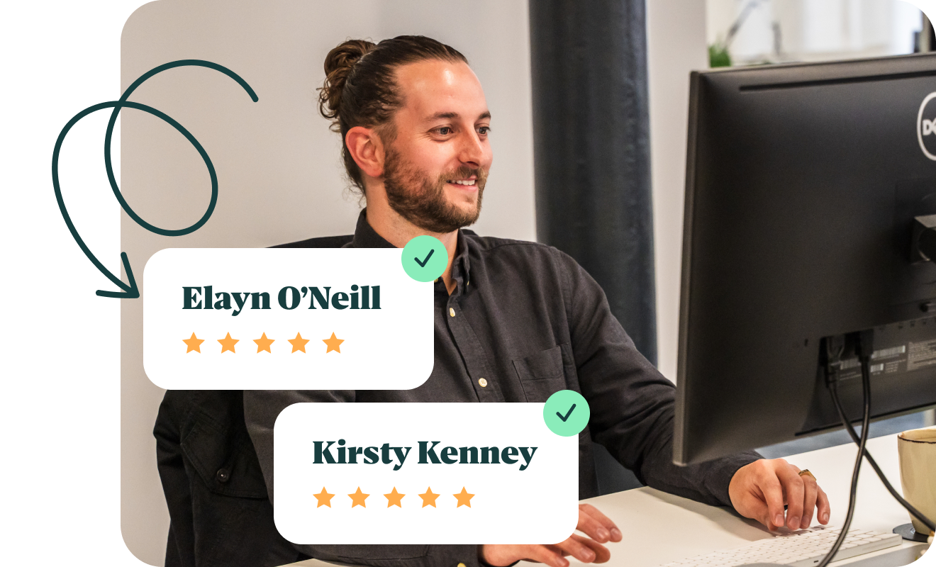 Konnect You team member with verified five-star customer review cards.