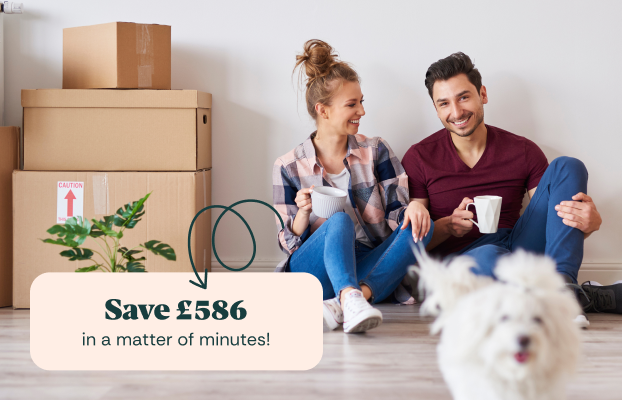 Couple sitting beside moving boxes, with messaging that Konnect You customers saved £586 on average.