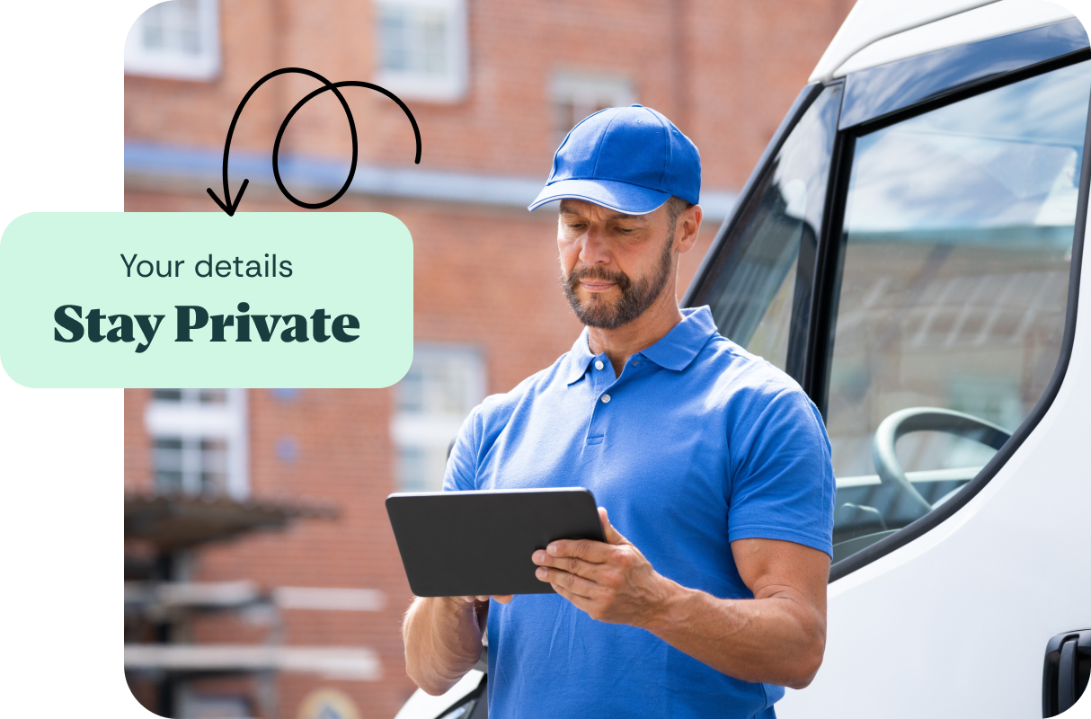 Removal professional using a tablet beside a van, with messaging that customer details stay private.