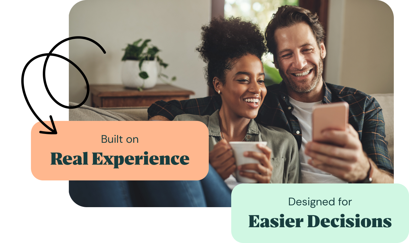Couple at home using a phone to find a professional with Konnect You.