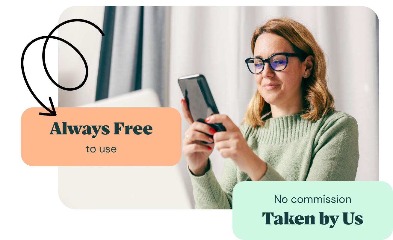 Woman using a phone, with messaging that Konnect You is always free to use with no commission taken by them.